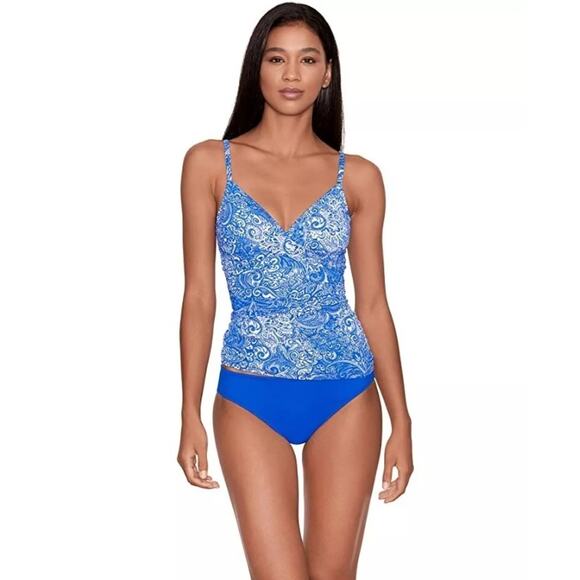 Lauren Ralph Lauren Women Blue Paisley Artisan Surplice Swim Tankini Top Size 8 - Picture 1 of 7